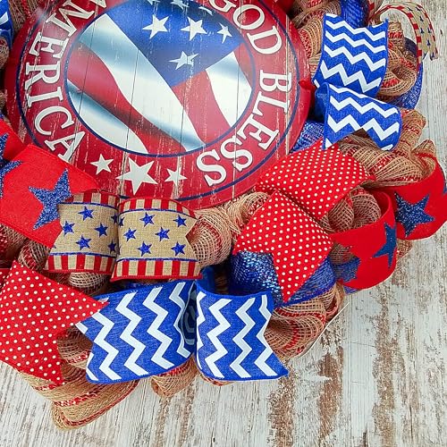 Silky Flower Store Fourth of July Wreath, God Bless America Door Wreath, Red White Blue Burlap, 24in Round 5 5 Product: God Bless America Door Wreath | Fourth of July Wreath | Red White Blue Burlap