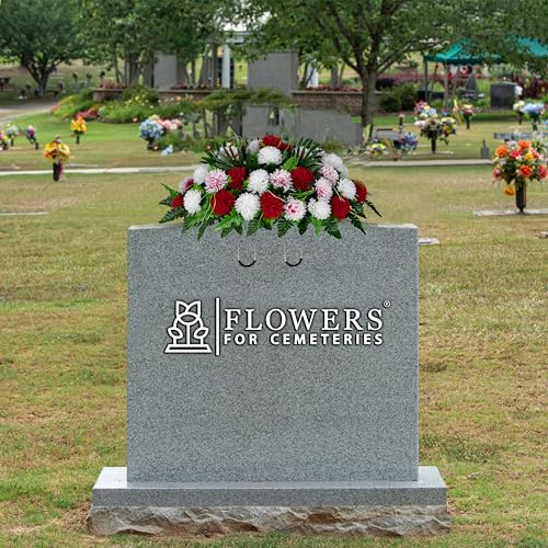 Silky Flower Store Sympathy Silks 30 Headstone Flower Saddle Artificial Cemetery Flowers, Red White Mums, 30cm 3 3 Product: Sympathy Silks 30" Headstone Flower Saddle Artificial Cemetery Flowers - Gravesite Flowers - Red and White Mums