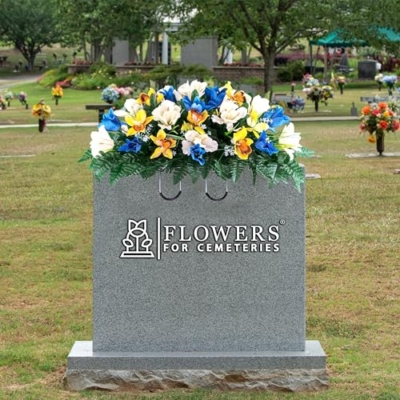Silky Flower Store Artificial Cemetery Flowers, Blue Tulip White Iris Headstone Saddle, Outdoor Grave Decoration, 30cm 10 10 Product: Sympathy Silks Artificial Cemetery Flowers – Realistic Vibrant Tulips, Outdoor Grave Decorations - 30" Blue Tulip White Iris Saddle for Headstone