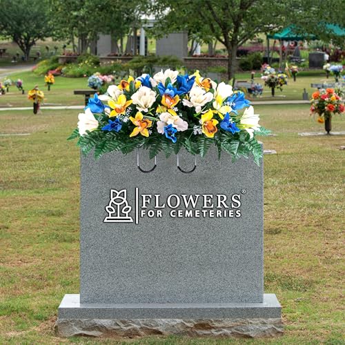 Silky Flower Store Artificial Cemetery Flowers, Blue Tulip White Iris Headstone Saddle, Outdoor Grave Decoration, 30cm 1 1 Product: Sympathy Silks Artificial Cemetery Flowers – Realistic Vibrant Tulips, Outdoor Grave Decorations - 30" Blue Tulip White Iris Saddle for Headstone