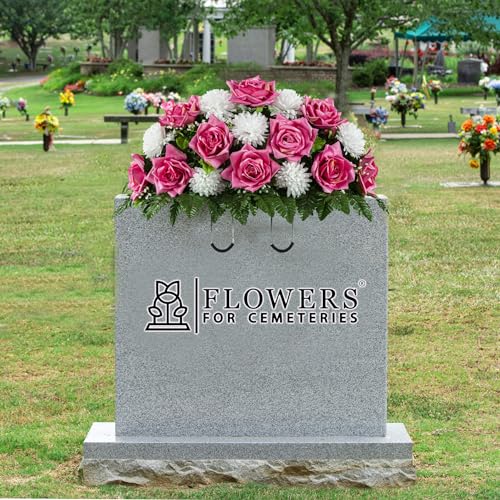 Product: Mother's Day - Artificial Cemetery Flowers Headstone Arrangement - 30" Pink Rose & White Mums Silk Flowers for Outdoor Grave - Decorations