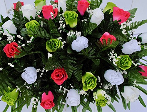 Silky Flower Store Pink Green White Rose Mix Cemetery Flower Saddle, Grave Headstone Decoration, Artificial Floral Arrangement, 20.5cm 2 2 Product: Spring Cemetery Flowers for Headstone and Grave Decoration-Pink Green and White Rose Mix Saddle