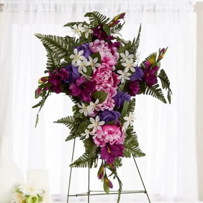 Silky Flower Store Premade Purple Pink Silk Flower Cross Cemetery Arrangement, Metal Easel Memorial Graveside Tribute 32.5cm 9 9 Product: Premade Purple and Pink Silk Flower Cross Cemetery Arrangement with Metal Easel for Graveside Memorial Day Decoration or Funeral Floral Spray for Mother, Father, Mom, Dad, Sister, Brother or Loved One