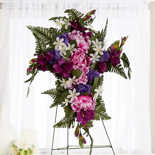 Silky Flower Store Premade Purple Pink Silk Flower Cross Cemetery Arrangement, Metal Easel Memorial Graveside Tribute 32.5cm 4 4 Product: Premade Purple and Pink Silk Flower Cross Cemetery Arrangement with Metal Easel for Graveside Memorial Day Decoration or Funeral Floral Spray for Mother, Father, Mom, Dad, Sister, Brother or Loved One