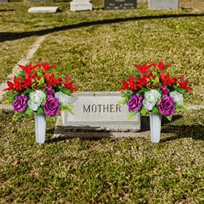 Product: Artificial Cemetery Flowers Artificial Grave Memorial Flowers Bouquets with Vase for Cemetery Headstones Graveyard Decoration, Set of 2 (Red Lily)