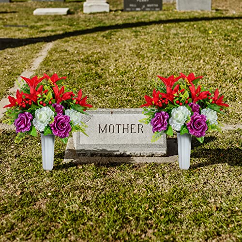 Product: Artificial Cemetery Flowers Artificial Grave Memorial Flowers Bouquets with Vase for Cemetery Headstones Graveyard Decoration, Set of 2 (Red Lily)