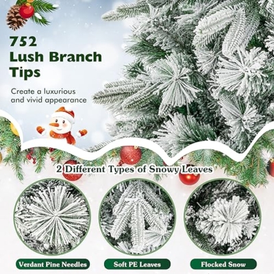 Product: Goplus 6ft Pre-Lit Snow Flocked Artificial Christmas Tree, Hinged Xmas Tree with 250 Warm-White LED Lights, 752 Branch Tips, Pine Needles, for Holiday Party Office Home Decor