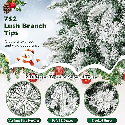Product: Goplus 6ft Pre-Lit Snow Flocked Artificial Christmas Tree, Hinged Xmas Tree with 250 Warm-White LED Lights, 752 Branch Tips, Pine Needles, for Holiday Party Office Home Decor