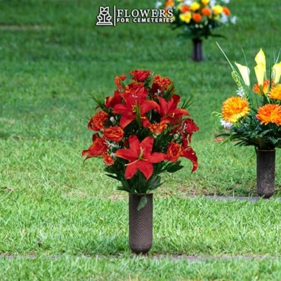 Product: Sympathy Silks Artificial Cemetery Flowers - Gravesite Flowers - Fire Red Lily, Rose, and Daisies