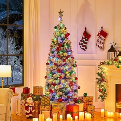 Product: Yaheetech 6ft Pre-lit Snow Flocked Christmas Tree, Premium Hinged Artificial Pine Tree w/ 250 Colorful LED Lights and 564 Branches Tips, Prelit Slim Pencil Christmas Tree w/Metal Stand White