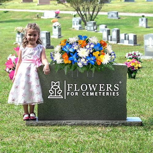 Product: Sympathy Silks 30" Headstone Flower Saddle - Blue Tiger Lily, Orange and Yellow Grave Flowers