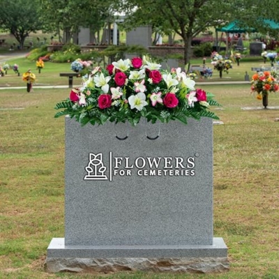 Product: Sympathy Silks Artificial Cemetery Flowers – Realistic Roses and Alstroemerias, Outdoor Grave Decorations -Pink White Rose Saddle