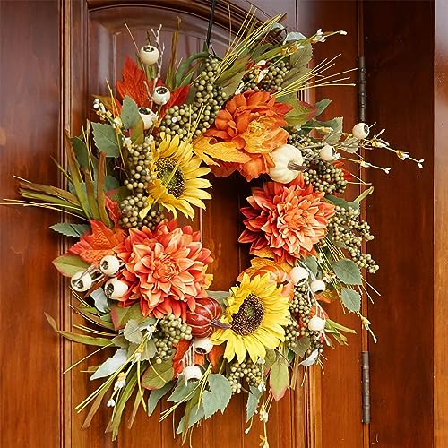 Silky Flower Store Autumn Wreath for Front Door, Sunflower Pumpkin Dahlia Fall Wreath, Artificial Outdoor Decor 24 Inch 6 6 Product: Soomeir 24 Inch Fall Wreaths for Front Door Outside, Sunflower Autumn Door Wreath with Pumpkin and Dahlias, Large Wreaths for Halloween Thanksgiving Farmhouse Indoor Outdoor Home Decor
