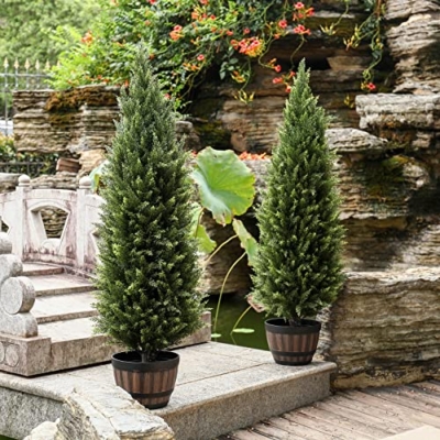 Product: 4ft(48”) Artificial Cedar Outdoor Artificial Shrub Sunlight Resistant Leafy Potted Plant for Indoor Porch of Home and Office Artificial Outdoor Tree 2 Pieces a Set Topiary Trees