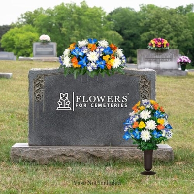 Silky Flower Store Sympathy Silks Artificial Cemetery Flowers, Blue Tiger Lily Purple Hydrangea Orange Alstroemeria, Headstone Saddle Bouquet, 32.5cm 10 10 Product: Sympathy Silks Artificial Cemetery Flowers - graveside Flowers - Blue Tiger Lily, Purple Hydrangea, Orange Alstroemeria - (1) Headstone Flower Saddle & (1) Matching Bouquet