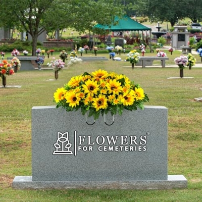 Silky Flower Store Artificial Cemetery Flowers, Yellow Sunflower Grave Saddle, Sympathy Headstone Decoration, 20.5cm 17 17 Product: Sympathy Silks Artificial Cemetery Flowers - Grave Flowers for Cemetery - Yellow Sunflower Saddle for Headstone