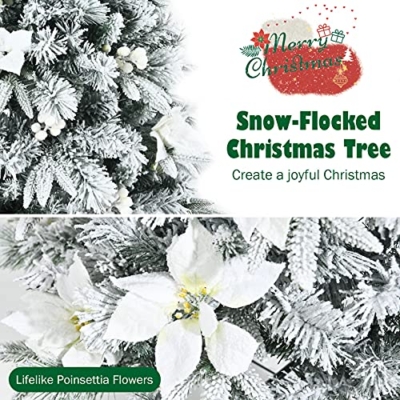 Product: Goplus Snow Flocked Pencil Christmas Tree, 7FT Hinged Artificial Skinny Xmas Tree with White Berries, Poinsettia Flowers and Folding Metal Stand, Perfect for Holiday Indoor Décor