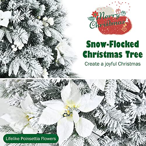 Product: Goplus Snow Flocked Pencil Christmas Tree, 7FT Hinged Artificial Skinny Xmas Tree with White Berries, Poinsettia Flowers and Folding Metal Stand, Perfect for Holiday Indoor Décor