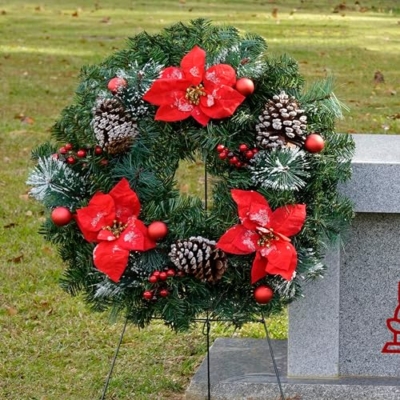 Silky Flower Store Artificial Christmas Wreath, Frosted Red Poinsettia Red Ornaments, Outdoor Indoor Décor, 24 Inch, 30 Inch Easel 14 14 Product: Christmas Wreath - Outdoor Christmas Decoration - 24 inch Wreath with Frosted Red Poinsettia and Red Ornaments on 30 Inch Easel