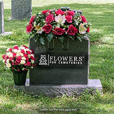 Product: Sympathy Silks Artificial Cemetery Flowers – Realistic- Outdoor Grave Decorations - Non-Bleed Colors, and Easy Fit - Cream Pink Amaryllis & Fuchsia Rose Saddle for Headstone
