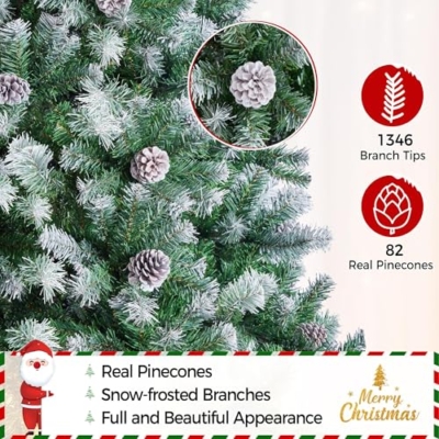 Silky Flower Store Yaheetech Artificial Christmas Tree, Snow Flocked Pinecone Christmas Tree, 7.5ft 13 13 Product: Yaheetech 7.5ft Artificial Christmas Tree, Snow Flocked Christmas Tree w/82 Pinecones, 1346 Frosted Tips, Pre-Decorated Tree for Holiday Party Decoration