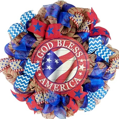 Product: God Bless America Door Wreath | Fourth of July Wreath | Red White Blue Burlap