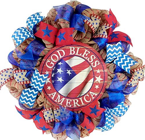 God Bless America Door Wreath | Fourth of July Wreath | Red White Blue Burlap - Artificial Flower Arrangements Product: God Bless America Door Wreath | Fourth of July Wreath | Red White Blue Burlap