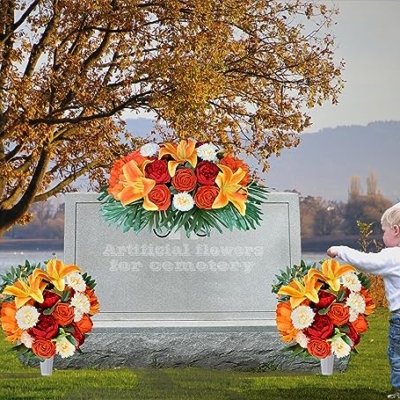 Silky Flower Store Cemetery Saddle Flower Grave Decoration, Non Bleed Outdoor Headstone Memorial Bouquet, Red Orange Peony Lily Vases, 32.5cm 10 10 Product: HENOMO Cemetery Saddles Flower for Grave, Colors -Non Bleed,Outdoor Headstone Decorations, Memorial Bouquet Arrangement-Red Orange Peony and Lily with Vases to Easy fit