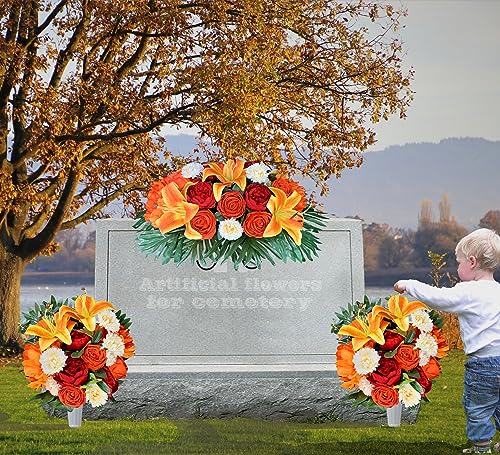 Silky Flower Store Cemetery Saddle Flower Grave Decoration, Non Bleed Outdoor Headstone Memorial Bouquet, Red Orange Peony Lily Vases, 32.5cm 1 1 Product: HENOMO Cemetery Saddles Flower for Grave, Colors -Non Bleed,Outdoor Headstone Decorations, Memorial Bouquet Arrangement-Red Orange Peony and Lily with Vases to Easy fit