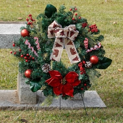 Silky Flower Store Sympathy Silks Winter Forest Wreath, Berries and Poinsettia, Holiday Easel Display, 30 Inch 10 10 Product: Sympathy Silks Wreath Decoration - Winter Forest Wreath with Berries and Poinsettia - Artificial Christmas Wreath on 30 Inch Easel