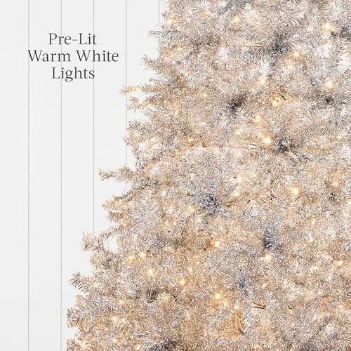 Product: Best Choice Products 6ft Prelit Tinsel Christmas Tree, Artificial Seasonal Holiday Decoration w/ 1,000 Branch Tips, Stand - Silver