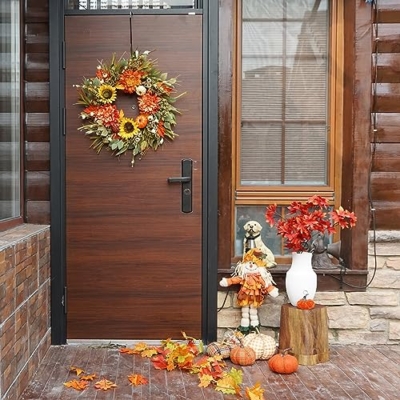 Silky Flower Store Autumn Wreath for Front Door, Sunflower Pumpkin Dahlia Fall Wreath, Artificial Outdoor Decor 24 Inch 13 13 Product: Soomeir 24 Inch Fall Wreaths for Front Door Outside, Sunflower Autumn Door Wreath with Pumpkin and Dahlias, Large Wreaths for Halloween Thanksgiving Farmhouse Indoor Outdoor Home Decor