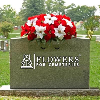 Product: Sympathy Silks Artificial Cemetery Flowers - Christmas Poinsettias - Outdoor Grave Decorations - Red and White Poinsettias Saddle for Headstone