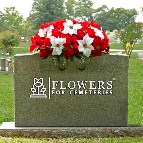 Product: Sympathy Silks Artificial Cemetery Flowers - Christmas Poinsettias - Outdoor Grave Decorations - Red and White Poinsettias Saddle for Headstone