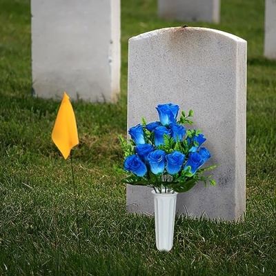 Product: Artificial Cemetery Flowers with Vase, Artificial White Rose Bouquet Grave Memorial Flowers for Cemetery Headstones Decoration, (Set of 2, Blue) Self-assemble