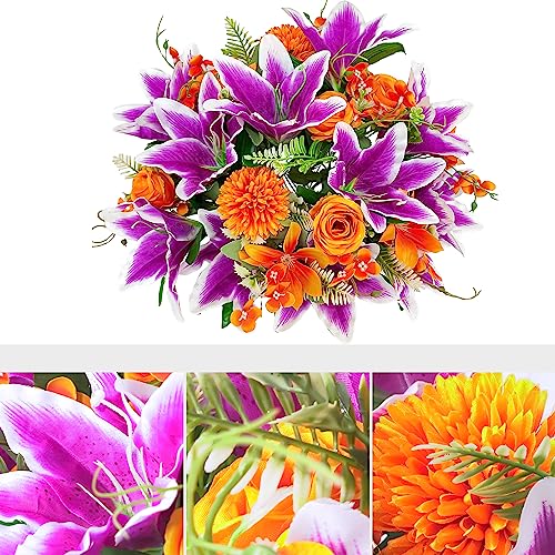 Product: FLOWERIA Large Purple-Orange Memorial Flowers for Cemetery - Artificial Sympathy Flower Saddle for Graveside Headstone