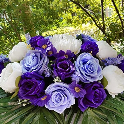 Silky Flower Store HENOMO Headstone Flower Saddle for Grave, Artificial Cemetery Flowers, Purple Rose White Peony Mix, Outdoor Graveside Decor 32.5cm 17 17 Product: HENOMO Headstone Flower Saddle for Grave,Color-Non Bleed,Artificial Cemetery Flowers-Purple Rose and White Peony Mix Arrangement, Outdoor Graveside Decor