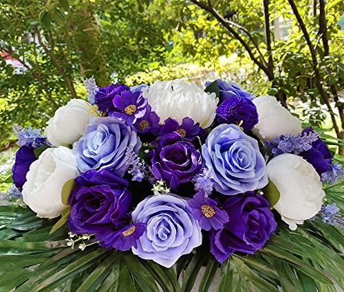 Silky Flower Store HENOMO Headstone Flower Saddle for Grave, Artificial Cemetery Flowers, Purple Rose White Peony Mix, Outdoor Graveside Decor 32.5cm 8 8 Product: HENOMO Headstone Flower Saddle for Grave,Color-Non Bleed,Artificial Cemetery Flowers-Purple Rose and White Peony Mix Arrangement, Outdoor Graveside Decor