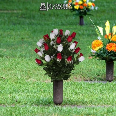 Silky Flower Store Sympathy Silks Artificial Cemetery Flowers, Gravesite Flowers, Red and White Roses, 20.5cm 10 10 Product: Sympathy Silks Artificial Cemetery Flowers - Gravesite Flowers - Red and White Roses