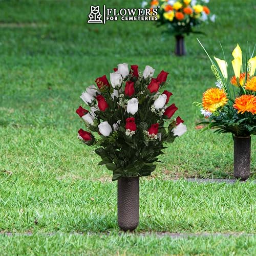 Silky Flower Store Sympathy Silks Artificial Cemetery Flowers, Gravesite Flowers, Red and White Roses, 20.5cm 3 3 Product: Sympathy Silks Artificial Cemetery Flowers - Gravesite Flowers - Red and White Roses