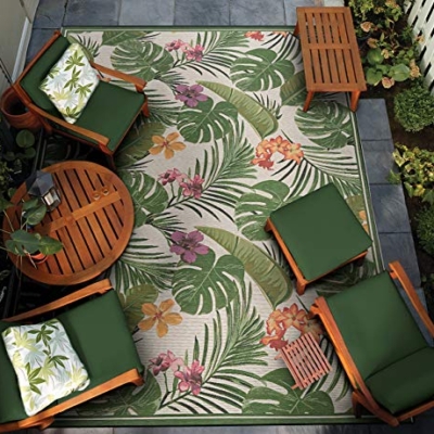 Product: Couristan Dolce Flowering Fern Ivory-Hunter Green Indoor/Outdoor Area Rug, 5'3" x 7'6"