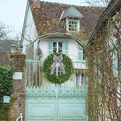 Silky Flower Store Artificial Boxwood Wreath, Faux Round Boxwood Wreath with Plaid Bow, UV Resistant Indoor Outdoor Decor, 32in 12 12 Product: Vlorart 32" Faux Round Boxwood Wreath, Artificial Large Boxwood Wreath Front Door Wreaths Artificial Spring Summer Greenery Hanging with A Plaid Bow for Villa Wall Hanging Window Wedding Party Decor