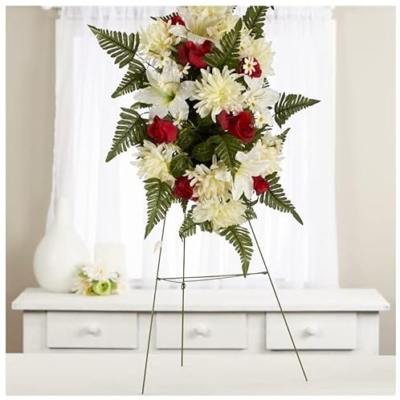 Product: Premade Red and Cream Silk Flowers Cemetery Arrangement with Metal Easel for Graveside Memorial Day Decoration or Funeral Floral Spray for Mother, Father, Mom, Dad, Sister, Brother or Loved One