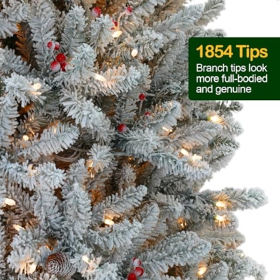 Product: Hykolity 6.5 ft Snow Flocked Prelit Christmas Tree, Artificial Christmas Tree with Pine Cones and Berries, 1854 PVC Branch Tips, 650 Warm White LED Lights, Metal Stand and Hinged Branches