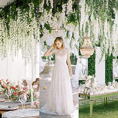 Silky Flower Store White Artificial Wisteria Garland, Silk Hanging Flower Vine, 24 Pack, 3.6ft 8 8 Product: UNIQU 24 Pack 3.6 Feet/Piece White Artificial Flowers Fake Wisteria Garland Hanging Wisteria Silk Flowers for Home Garden Weddings Party Decor