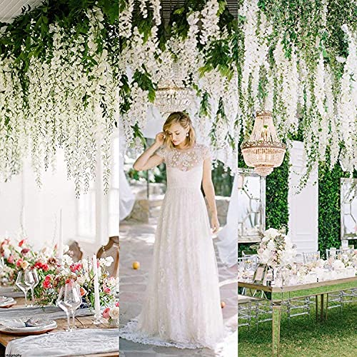 Silky Flower Store White Artificial Wisteria Garland, Silk Hanging Flower Vine, 24 Pack, 3.6ft 2 2 Product: UNIQU 24 Pack 3.6 Feet/Piece White Artificial Flowers Fake Wisteria Garland Hanging Wisteria Silk Flowers for Home Garden Weddings Party Decor