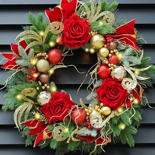Christmas Wreath for Front Door–24Inch Outdoor Christmas Door Wreath with Lights,Xmas Wreath Classic Pinecone,White Berries and Silver Ornaments Design, Christmas Outdoor Wreath Decor (Yellow) - Artificial Flower Arrangements Product: Christmas Wreath for Front Door–24Inch Outdoor Christmas Door Wreath with Lights,Xmas Wreath Classic Pinecone,White Berries and Silver Ornaments Design, Christmas Outdoor Wreath Decor (Yellow)