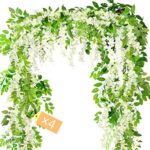 MOTONG Artificial Flowers Decoration, 2 Pcs (14FT) Fake Flowers Wisteria Vines, Artificial Vine Garland Plants Arts For Ceremony Home Garden Wedding Party Decoration (4 Pcs White) - Artificial Flower Arrangements Product: MOTONG Artificial Flowers Decoration, 2 Pcs (14FT) Fake Flowers Wisteria Vines, Artificial Vine Garland Plants Arts For Ceremony Home Garden Wedding Party Decoration (4 Pcs White)