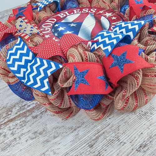 Silky Flower Store Fourth of July Wreath, God Bless America Door Wreath, Red White Blue Burlap, 24in Round 1 1 Product: God Bless America Door Wreath | Fourth of July Wreath | Red White Blue Burlap