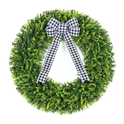 Product: Vlorart 32" Faux Round Boxwood Wreath, Artificial Large Boxwood Wreath Front Door Wreaths Artificial Spring Summer Greenery Hanging with A Plaid Bow for Villa Wall Hanging Window Wedding Party Decor